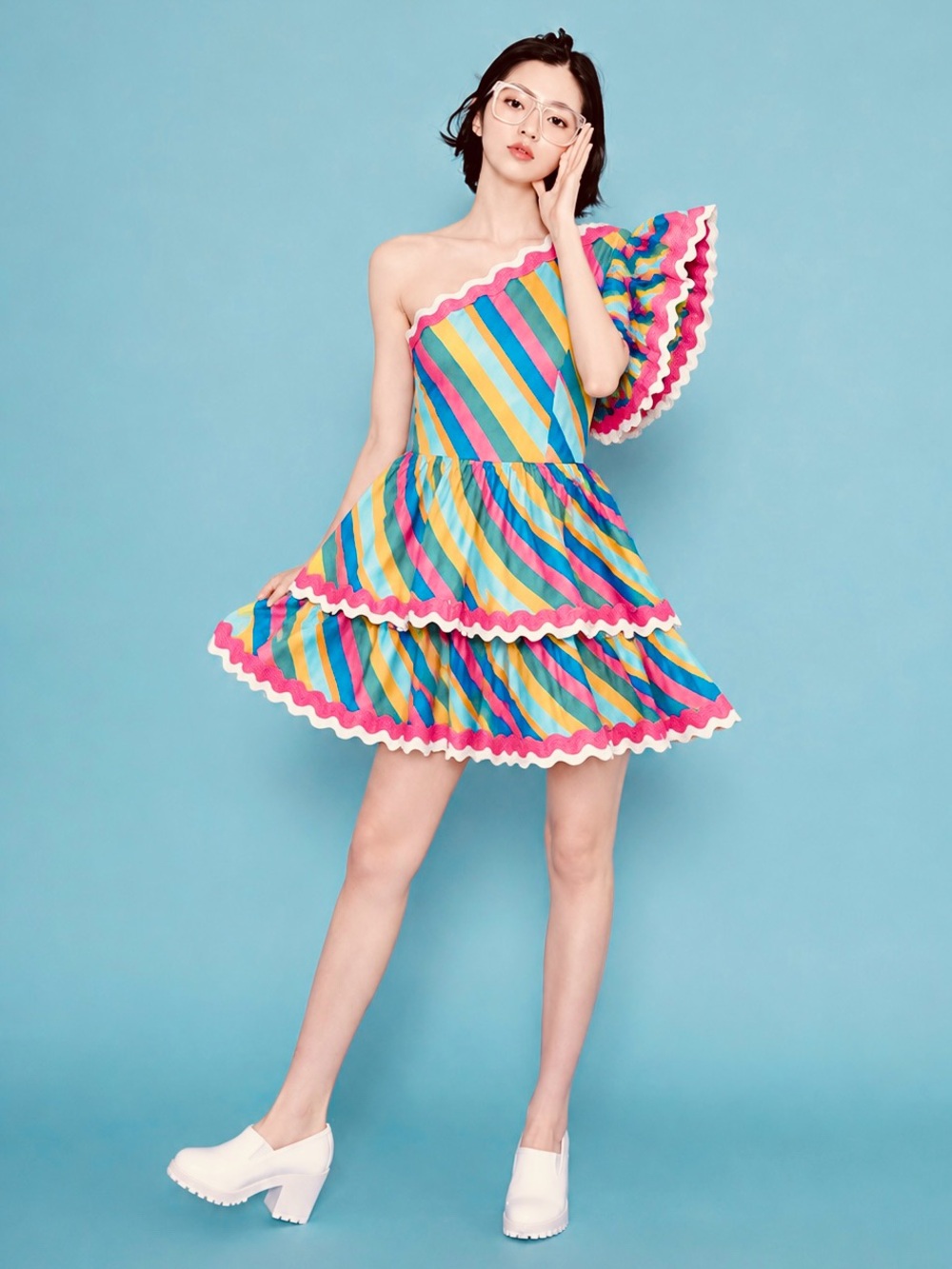 Sugarlips Multicolor Stripe One Shoulder Ruffle Tiered Mini Dress - Size XS NWT